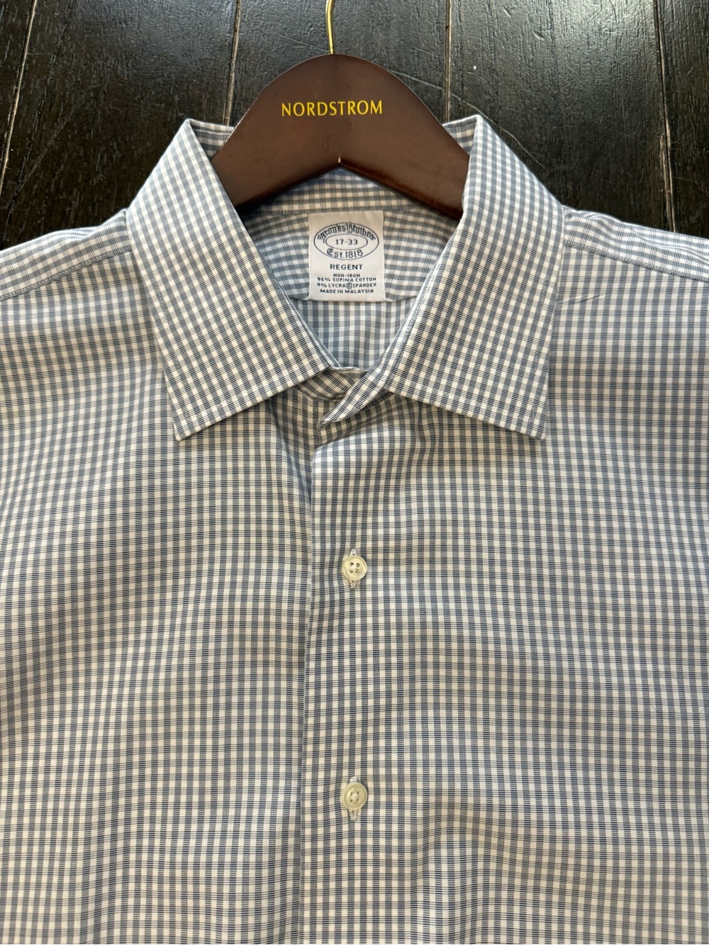 Brooks Brothers Men's Gray and White Gingham Dress Supima Cotton Stretch 17/33